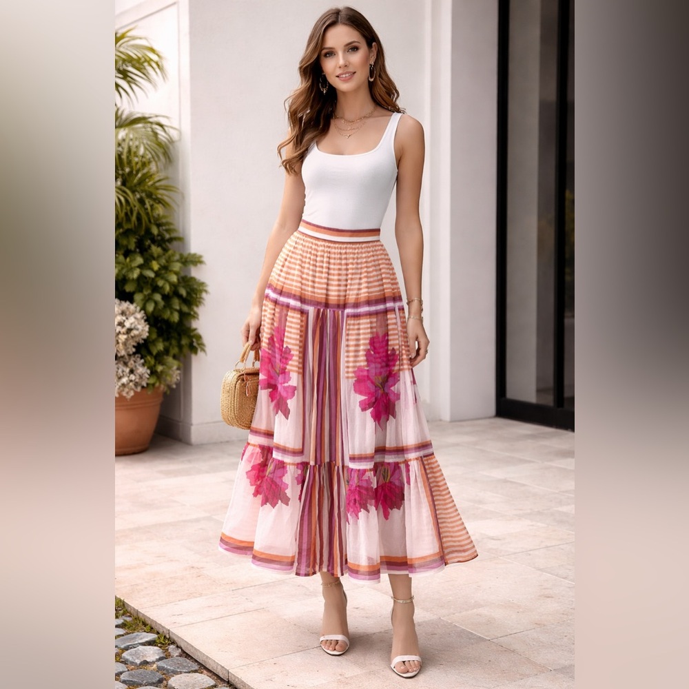 Silvia Tcherassi Pink and Red Tiered Maxi Skirt Resort Wear